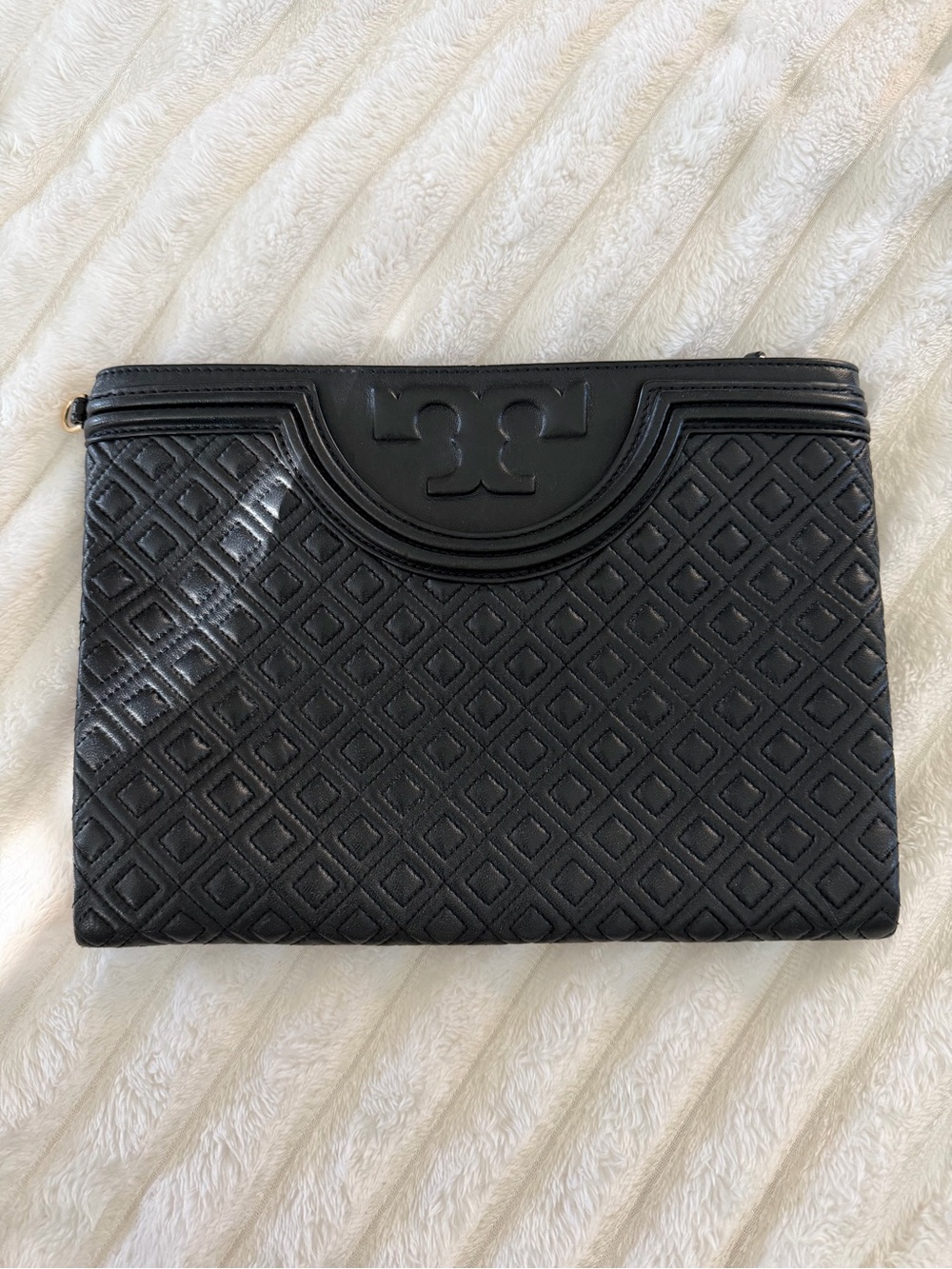 Tory Burch Fleming Black Quilted Logo Zip Pouch